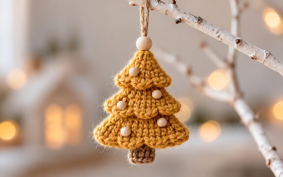 Close up crochet christmas tree ornament hanging on rustic branch with soft bokeh background cozy handmade holiday decor textile craft wool yarn winter aesthetic.