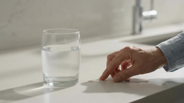Water Hardness Test Strip Beside Glass of Tap Water for Home Water Quality and Filtration