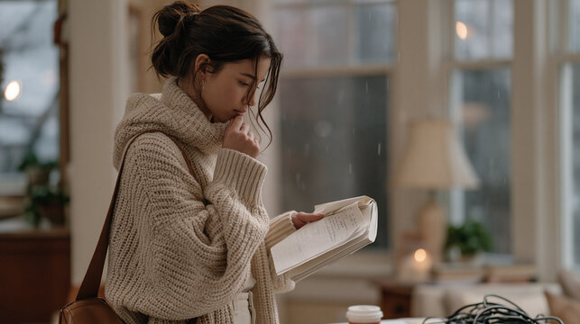 Screenwriter parent walking through a bedtime routine checklist during a rain soaked December evening, a bundle of screenwriting cables and extension cords spilling from a home