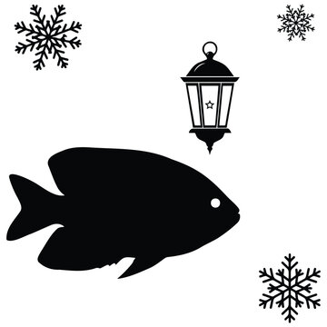 Black silhouette of a lantern, snowflakes, and a fish on white background, festive design elements.
