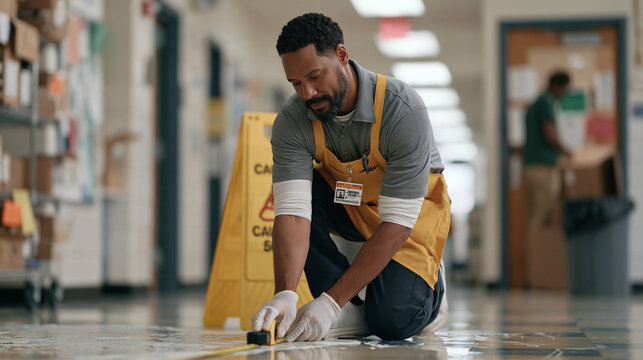 A school janitor calmly correcting a floor wax application mistake in a crowded December hallway, a tape measure in use to realign caution signage as a single professional frames