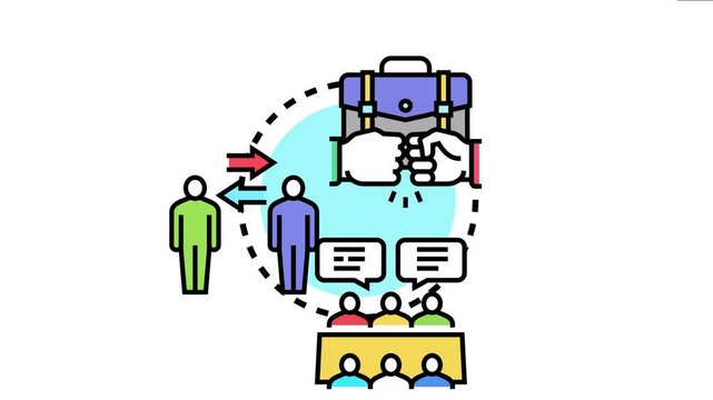 Business partners shaking hands over a briefcase, solidifying an agreement after negotiation and discussion with a team and colleagues