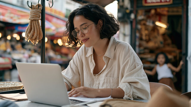 Executive coach documents stepparent boundary-setting session findings in a vibrant outdoor market workspace, a coiled safety rope hanging on a nearby display hook, wide