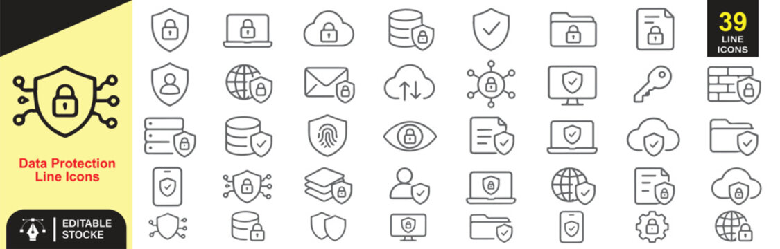 39 Data Protection Vector Outline Icons Set &ndash; Cybersecurity, Privacy, Secure Database, Password, Shield and Information Security Line Symbols Collection