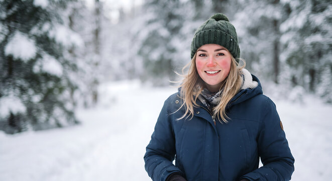 Winter Portrait: A young woman with rosy cheeks smiles warmly, bundled in a winter coat and knit hat, standing amidst a snow-covered forest. Her cheerful demeanor brightens the serene.