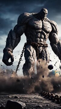 Colossal muscular stone titan golem bound in heavy iron chains standing in desolate wasteland surrounded by multiple Earth globes surreal fantasy scene