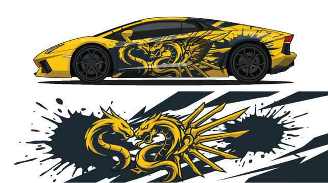 Car Wrap Design with Dragon and Lightning Symbol in Gold and Black