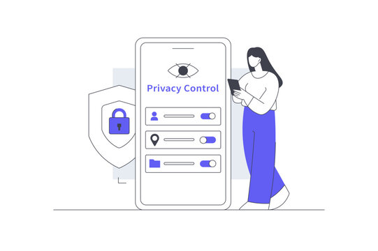 Privacy Control Mobile User Security and Data Protection Settings. Female Specialist Holding Phone Customizing Privacy Control Toggles Eye Icon and Shield Lock. Flat Cartoon Vector Illustration, icon