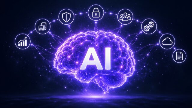 Glowing Purple AI Brain beneath an Arc of Finance Security and Business Icons