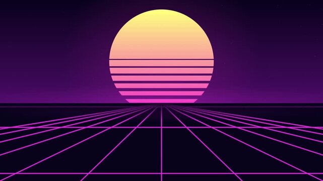 Striped gradient sun above glowing perspective grid in a purple starry digital landscape