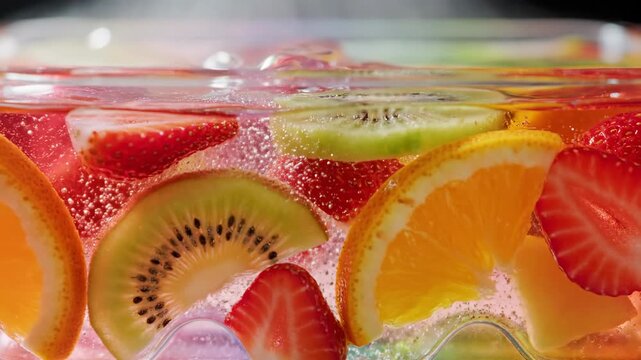 Fruit in jelly with various slices captured in a clear container