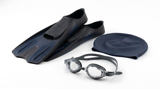 Professional swimming gear set with flippers, goggles, and swim cap. Black swim accessories for aquatic sports and training