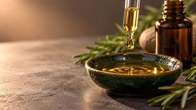 Golden massage oil drips from a glass pipette into a dark green ceramic bowl beside an amber bottle and fresh rosemary sprigs, creating a warm close-up of natural spa treatment supplies.