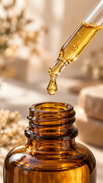 Golden cosmetic oil hangs as a droplet from a clear glass pipette above the opening of an amber bottle, showing liquid texture and precise application in a softly illuminated skincare setting.