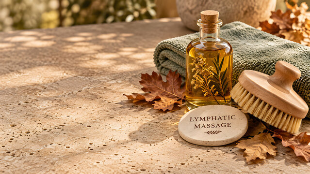 Lymphatic massage accessories include a glass bottle of herbal oil, wooden dry brush, folded towel and autumn leaves arranged on a stone surface in warm natural light for a seasonal spa still life.