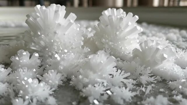 Timelapse shows small white crystals growing and clustering on liquid surface