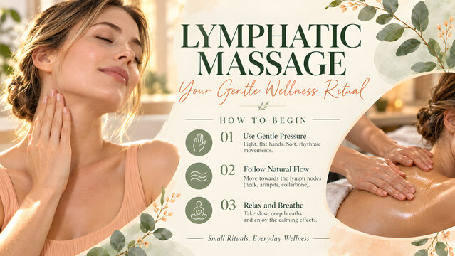 Lymphatic massage guide shows a woman touching her neck, a separate back massage photograph and three numbered steps, with botanical decorations and instructional text on a horizontal wellness poster.