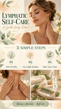 Lymphatic self-care poster combines a woman touching her neck with three daily steps and small photographs of massage and skincare items, with botanical details in a vertical educational design.