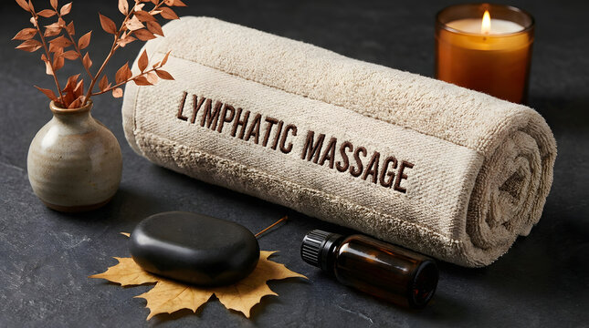 Lymphatic massage lettering appears on a rolled white towel beside an amber massage oil bottle, a smooth dark stone, a small vase of autumn foliage and a lit candle on a dark textured surface.