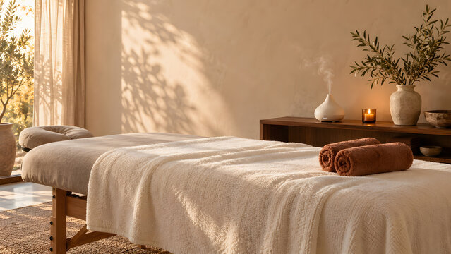 Sunlit massage room features an empty treatment bed with white linens and folded brown towels, an olive tree and simple spa accessories, creating a quiet neutral interior ready for a wellness session.