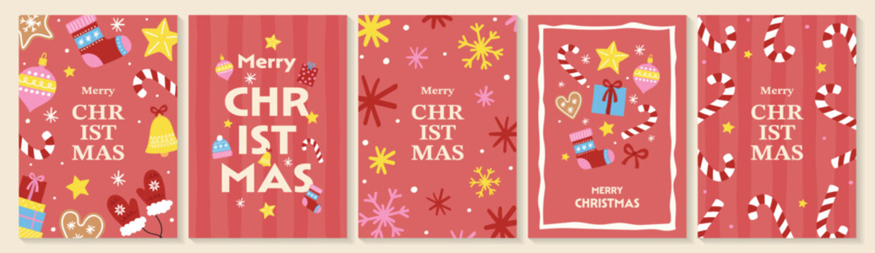 Merry Christmas card set with hand drawn holiday doodles. Vector illustration