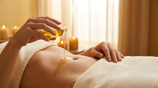 Golden oil pours from a small glass bottle directly onto the bare abdomen of a woman resting under cream towels, forming a glossy stream across her skin in a warm spa room prepared for a body massage.