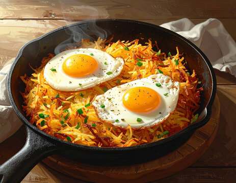 Hash brown potatoes and sunny side up eggs, cast Iron pan, illustration. AI