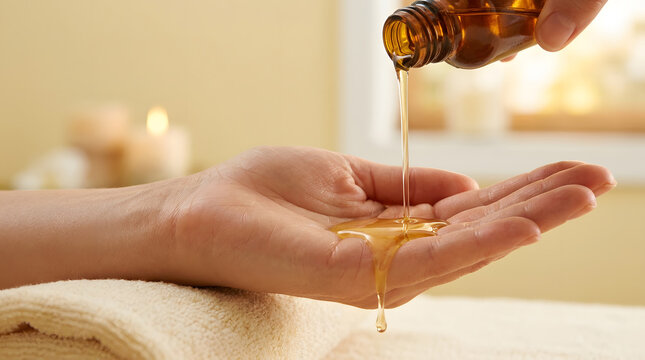 Massage oil flows from an amber glass bottle into an upturned palm in a close-up, highlighting the translucent golden liquid and skin texture against softly glowing spa candles and cream towels.