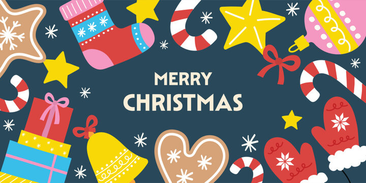 Merry Christmas card with hand drawn holiday doodles. Vector illustration