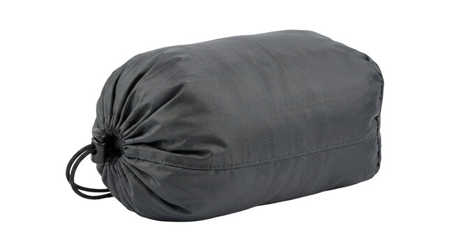 Compact gray drawstring travel bag with black cinch cord on white background