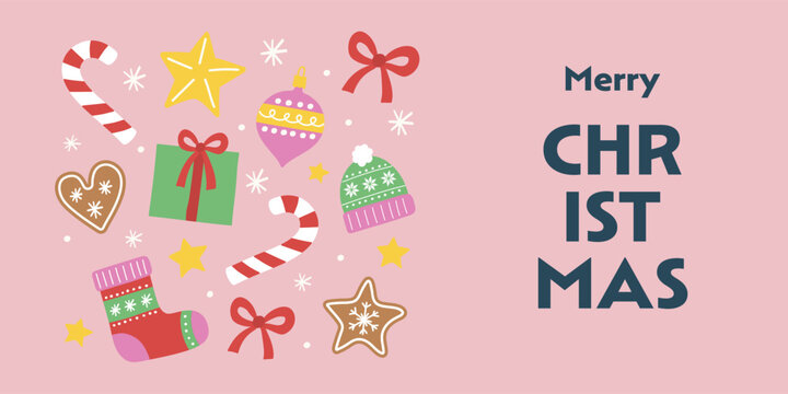 Christmas greeting card with cute hand drawn holiday doodles. Vector illustration