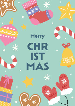 Christmas greeting card with cute hand drawn elements. Vector illustration