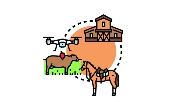 Pasture raising animals concept showing a barn, grazing livestock and a drone, representing sustainable agriculture and advanced farming technology
