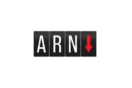 ARN airport code displaying on a retro split-flap board, symbolizing travel, arrivals, or a decline in air traffic, with a red arrow pointing down on a transparent background