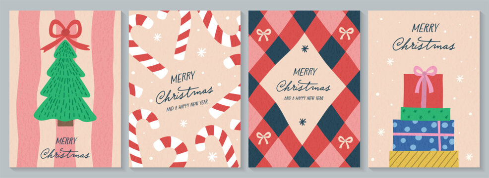 Christmas greeting card set with cute hand drawn holiday doodles. Vector illustration