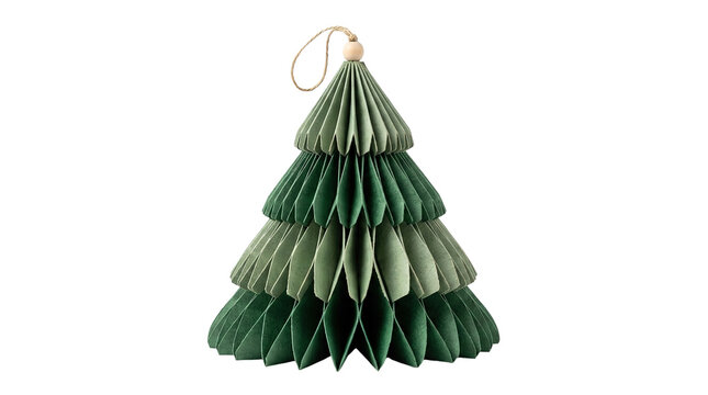 Folded paper christmas tree ornament with string hanger in varied green tones