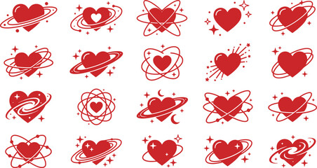 Cosmic heart planet icon set featuring saturn rings atomic orbits galaxy sparkles crescent moon and romantic space love symbols vector illustration © creative zone