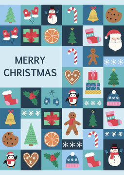 Merry Christmas card in modern geometric style with hand drawn holiday decorations. Vector illustration