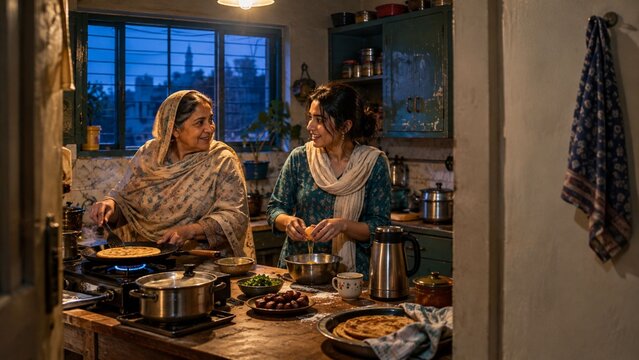Grandmother and granddaughter preparing suhoor in home kitchen
