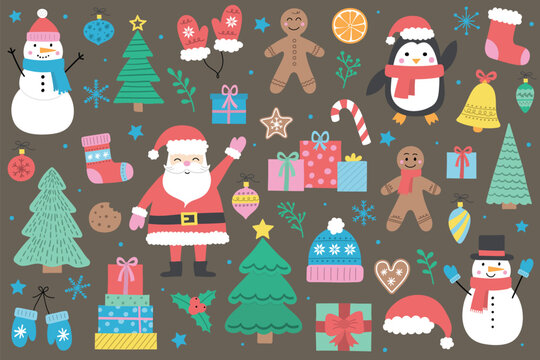 Christmas elements. Icon set with Santa Claus, Snowman, Christmas tree and presents. Vector illustration