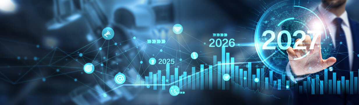 Businessman Planning Financial Goal and Success Strategy for Year 2027 Futuristic Technology Interface for Business Growth