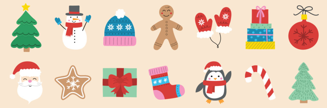 Christmas elements set. Icon collection with Santa Claus, Snowman, Christmas tree and presents. Vector illustration