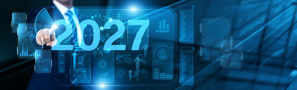 Futuristic Business Concept with Businessman Presenting 2027 New Year Roadmap and Vision