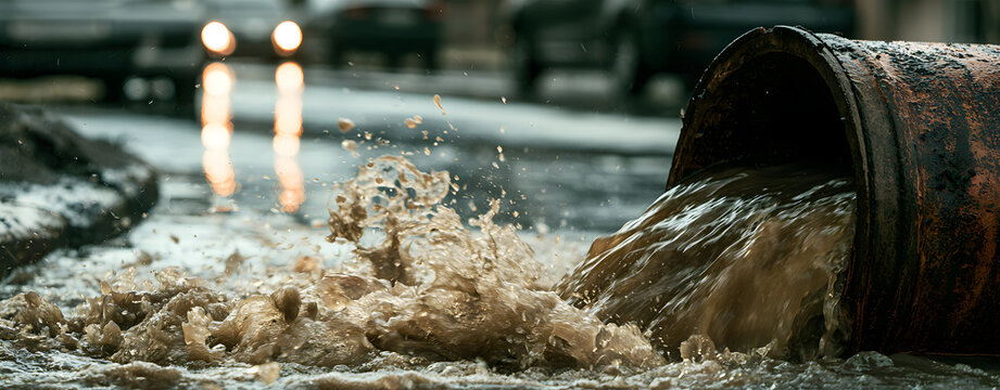 Dirty runoff from an old rusted metal pipe surges onto city streets during heavy rain. The urban drainage system then sends polluted water into the puddles on the street. This causes environmental con