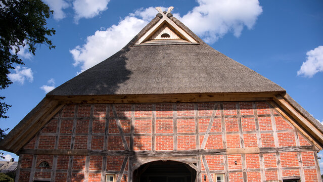 raditional thatched roof gable with carved wooden horse heads under blue cloudy sky 