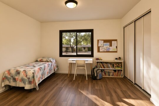 a simple second bedroom with a single bed a desk and a bookshelf in a suburban home