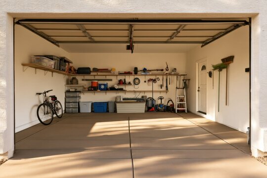 a clean and organized open two car garage with tools shelves and a bicycle