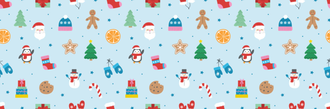 Christmas background. Seamless pattern with hand drawn holiday elements. Vector illustration
