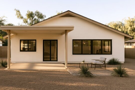 rear exterior view of a modern single story white phoenix suburban home with a small patio