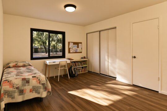 empty childs bedroom with a single bed desk and closet by a window on a sunny day